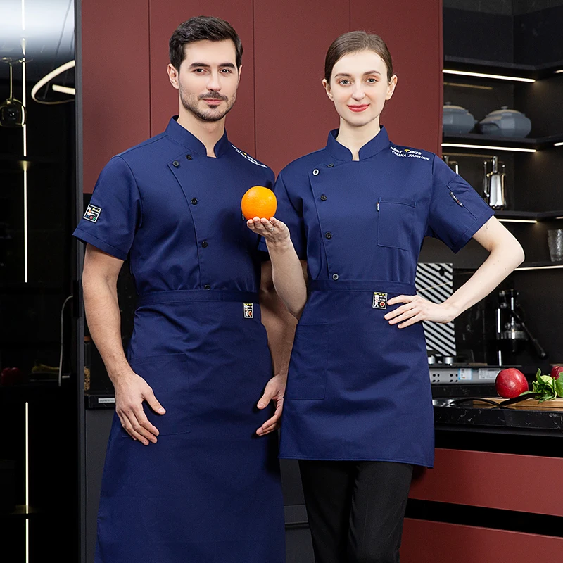 Veste de Chef de Restaurant blanc unisexe, veste de Chef à manches courtes, vêtements de cuisine pour hommes et femmes, uniforme de serveur de boulangerie, tablier chapeau