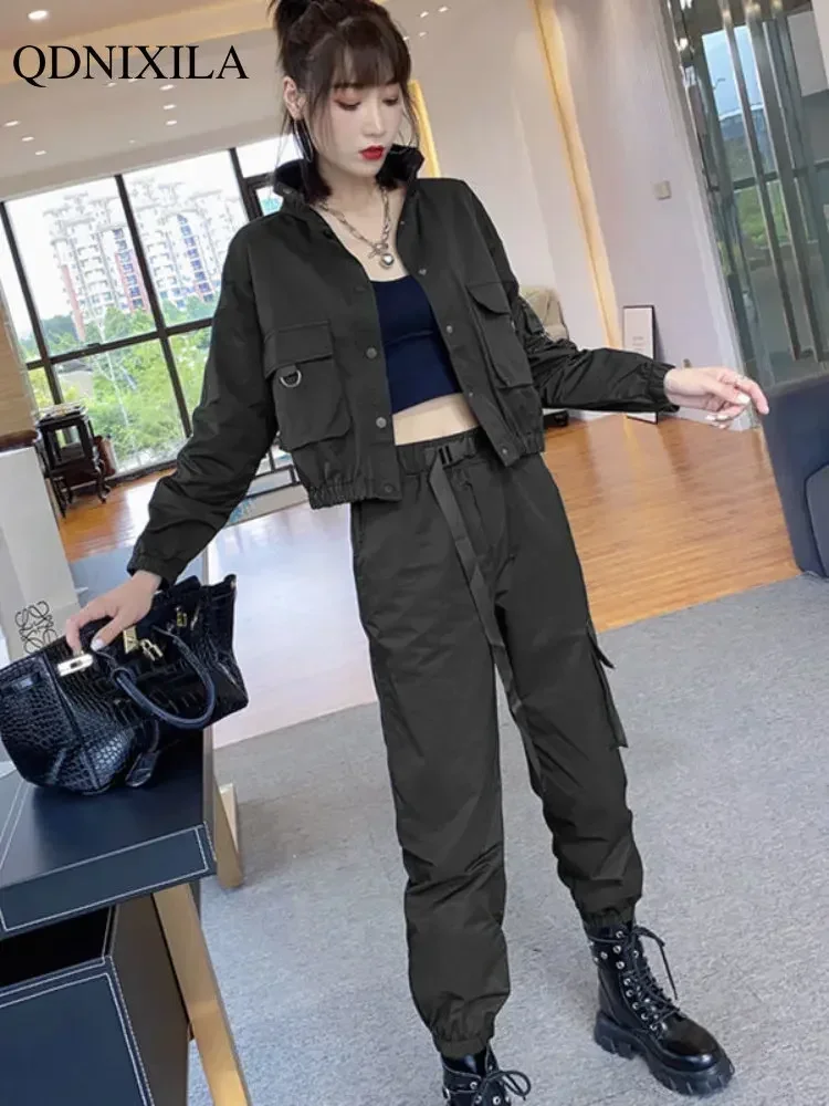 2024 New Korean Women Pants Sets Cargo Black Elegant Matching Sets Sports Tracksuit Women\'s Suit Trousers 2 Piece Sets Outfits