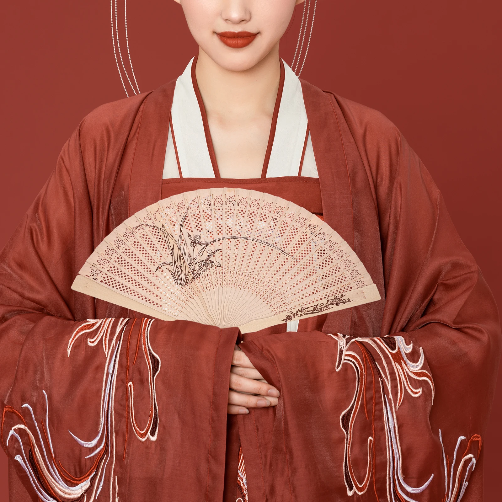 

Sandalwood Foldable Hand Fan Hollow Ancient Style Portable Lightweight Fan for Stage Use Summer Accessory