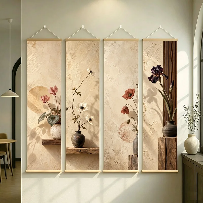 Wall Art Anemone Cyclamen Palestine Iris Daffodil and Poppy, Wabi Sabi Floral Pearlescent Canvas Hanging Scroll for Tea Room