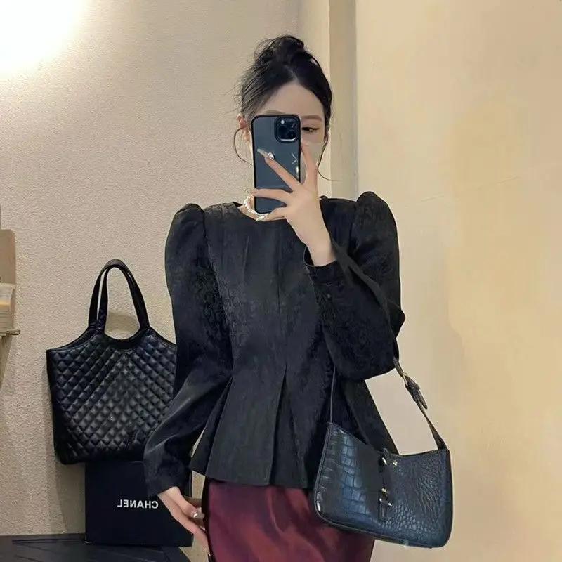 

Элитный и элегантный жаккардовый топ с пышными рукавами для женщин, новый осенний дизайн, плиссированный топ в стиле талии