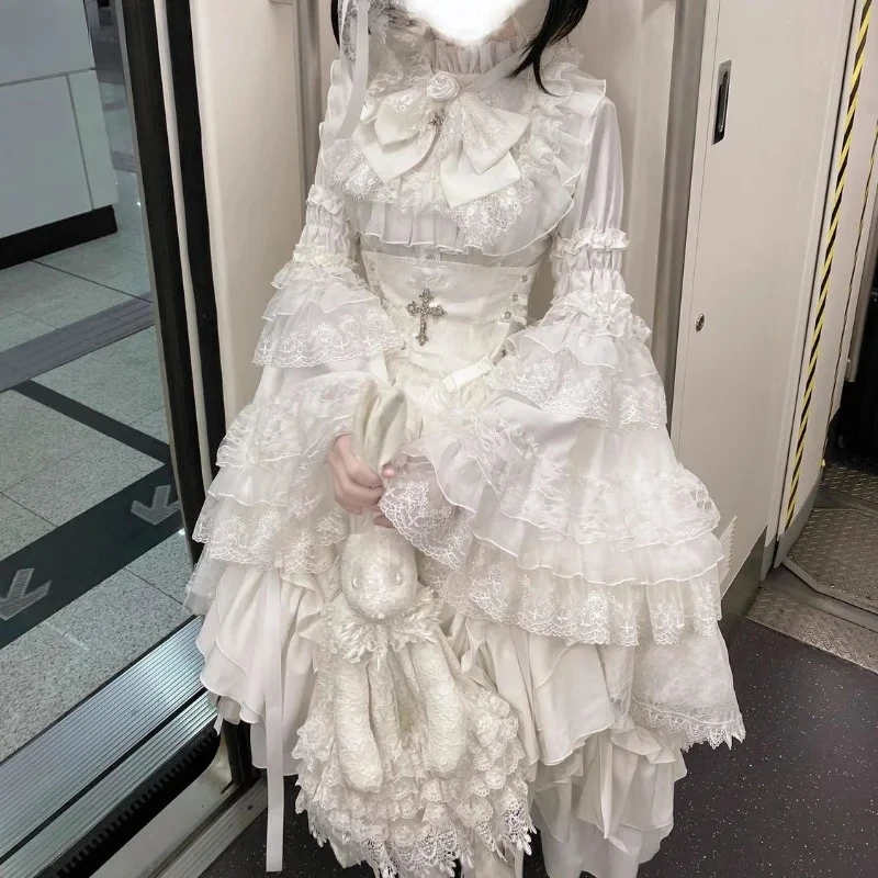 Victorian Vintage Lolita Style 4 Piece Sets Women Y2k Gothic Flare Sleeves Shirts Waistband Long Skirts Suit Halloween Outfits image 3