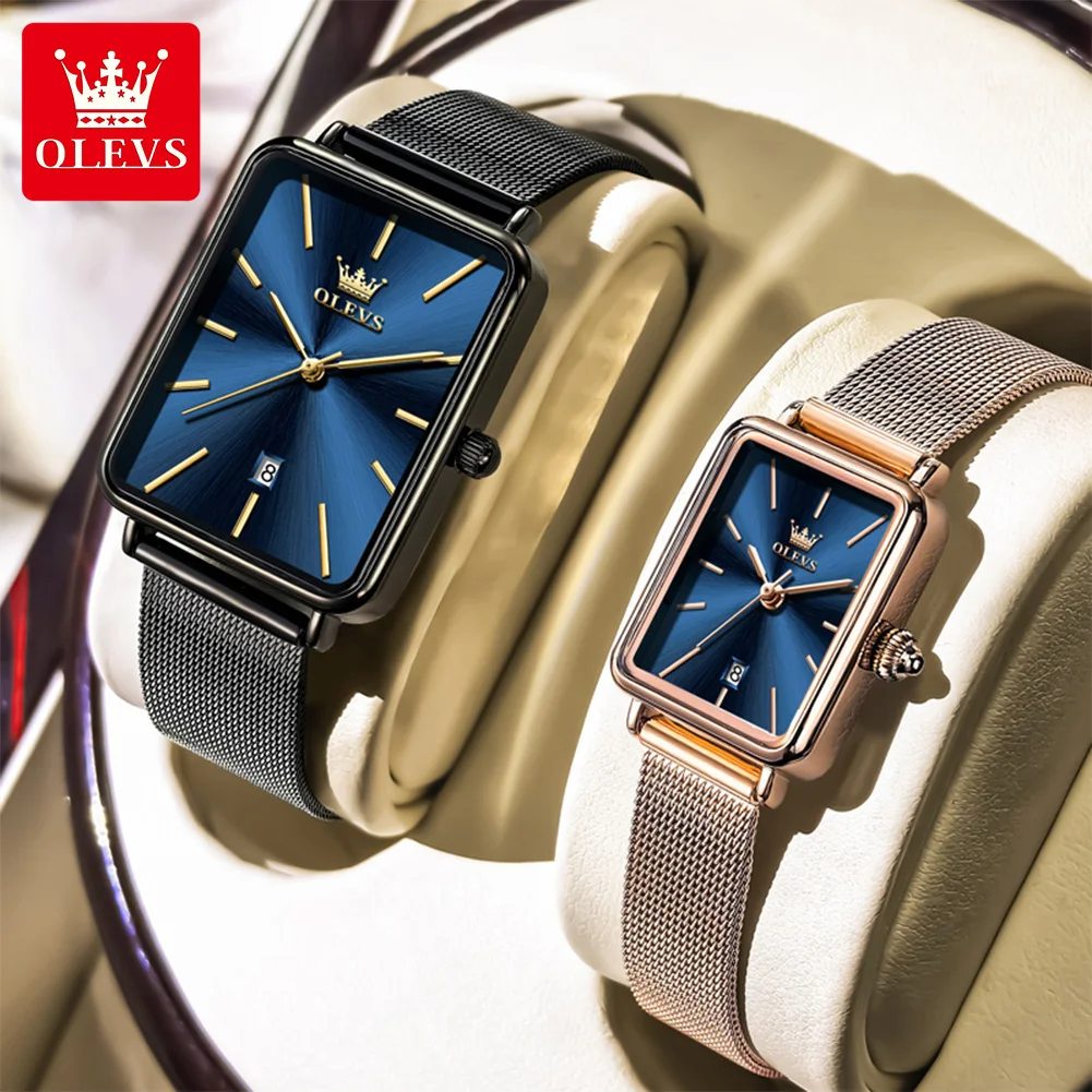 

OLEVS Роскошные мужские и женские часы для пар с календарем, водонепроницаемые часы из нержавеющей стали, модные прямоугольные кварцевые часы для пар