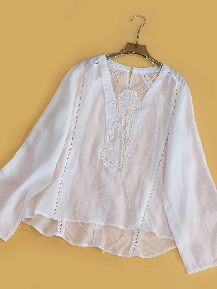 

Романтическая блузка с вышивкой и вырезами, с длинным рукавом и V-образным вырезом, модная женская свободная льняная рубашка для ранней осени, дышащая, тонкая модель