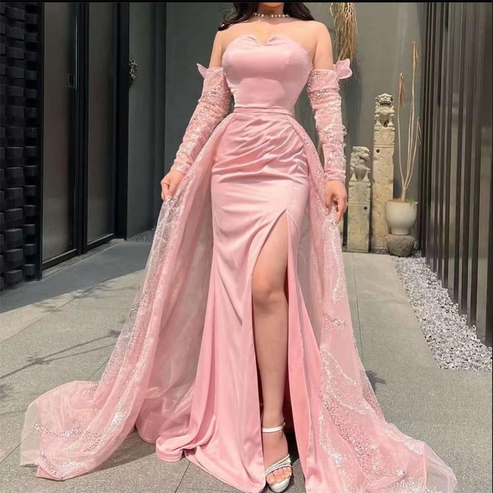 Personalizado sem alças manga destacável sereia vestido de noite fenda lateral sexy vestidos de festa delicado vestido de ocasião especial