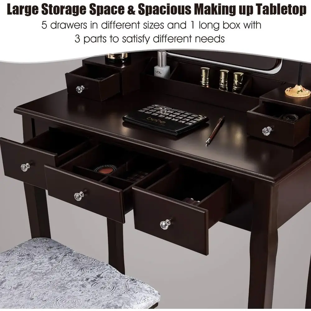DORTALA Vanity Table Set w/ 360-Degree Recular Mirror & Cushioned Stool, Makeup Table w/ 10 LED Dimmable Bulbs, Bedroom Wood Dri view 4
