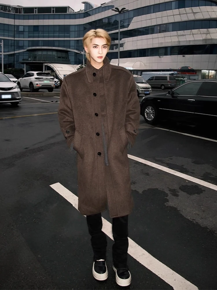 

Caramel Heavyweight Stand Collar Woolen Coat Men's Autumn Winter Long Length High End Commuting Warm Sli oulder Length ...