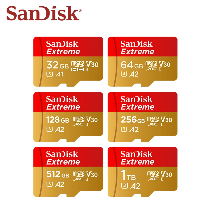 SanDisk Extreme microSDXC UHS-I CARD V30 A2 U3 بطاقة الذاكرة تصل إلى 190 ميجا بايت/ثانية بطاقة Microsd TF الأصلية للهواتف بدون طيار 64G 128G 256G
