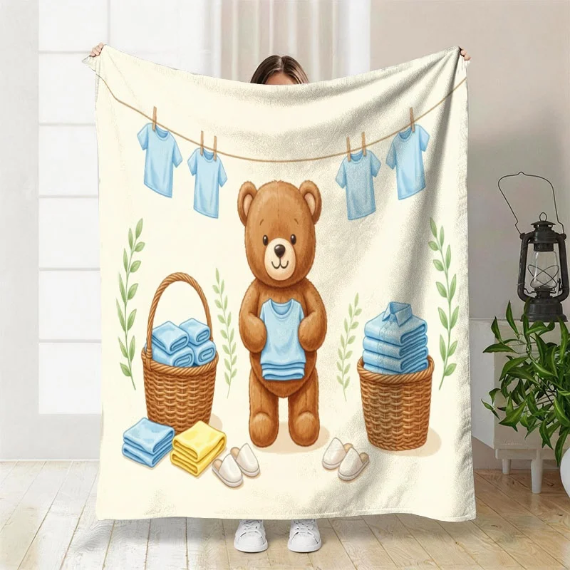 Cute Bear Nursery Theme Throw Blanket Baby Boy Room Decor Washcloth Laundry Cartoon Keepsake  Accent Bedding Storage Art Print