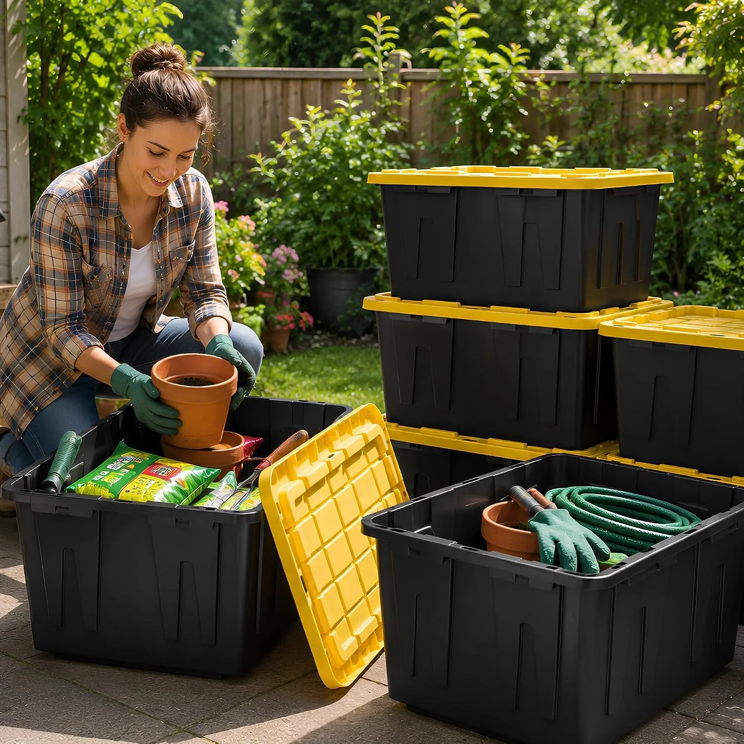 12-Pack Heavy Duty Storage Totes with Lids, 27 Gallon - Stackable Plastic Storage Bins, Industrial Organizer Containers for Garage, Closet, Basement, Office, Moving & Outdoor Storage view 4