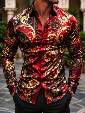 New men's Baroque gilded floral 3D printed long sleeved shirt, European court style slim fit shirt, men's clothing