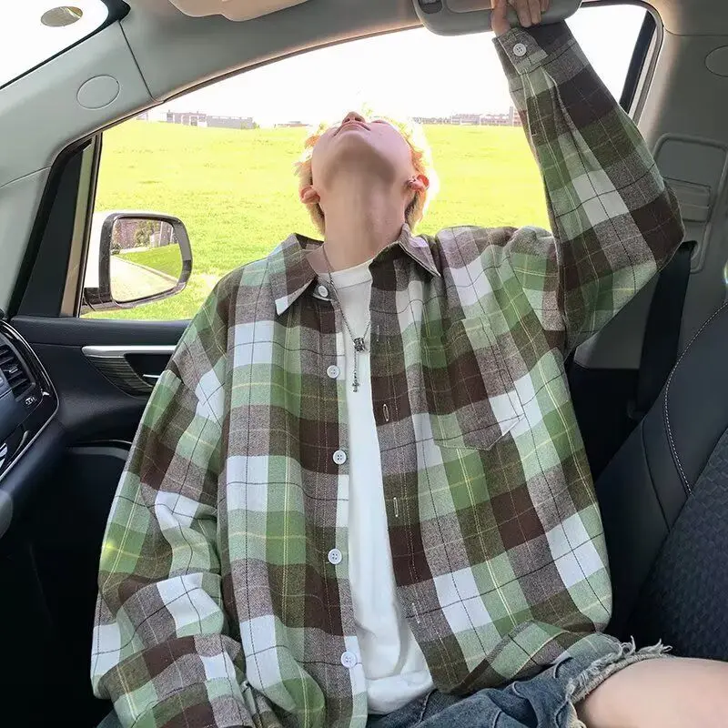 

American Retro Plaid Shirt Men's Long Sleeve Inner Wear Spring Autumn Fashionable Loose Fit Polyester Fiber Youth Casual Shirt