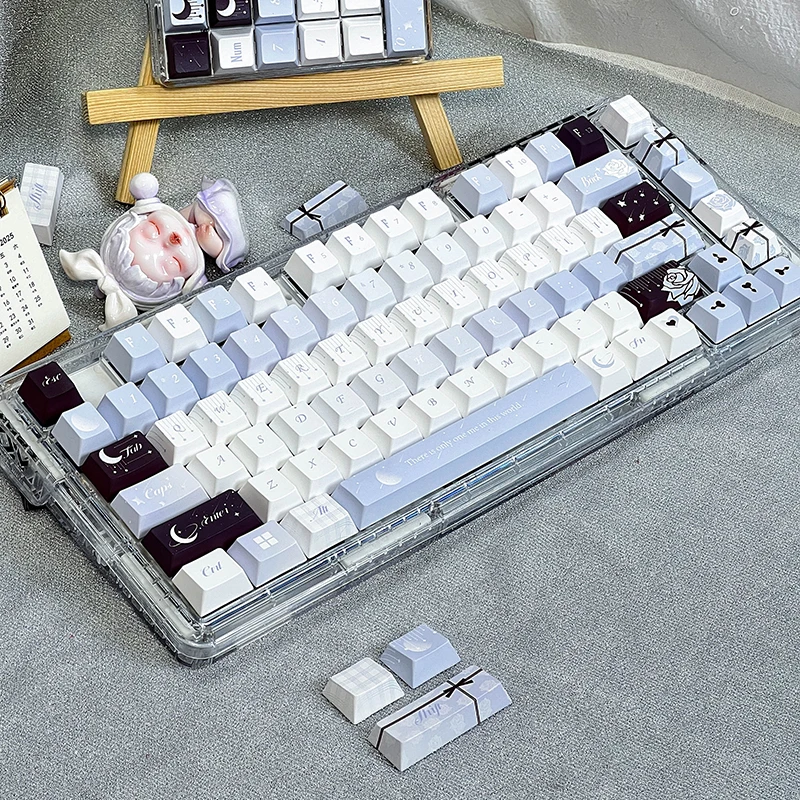 Romance & Poetry Keycap Cherry Profile PBT Thermal Sublimation Keycaps Romantic Style Light Blue White Mechanical Keyboard Caps
