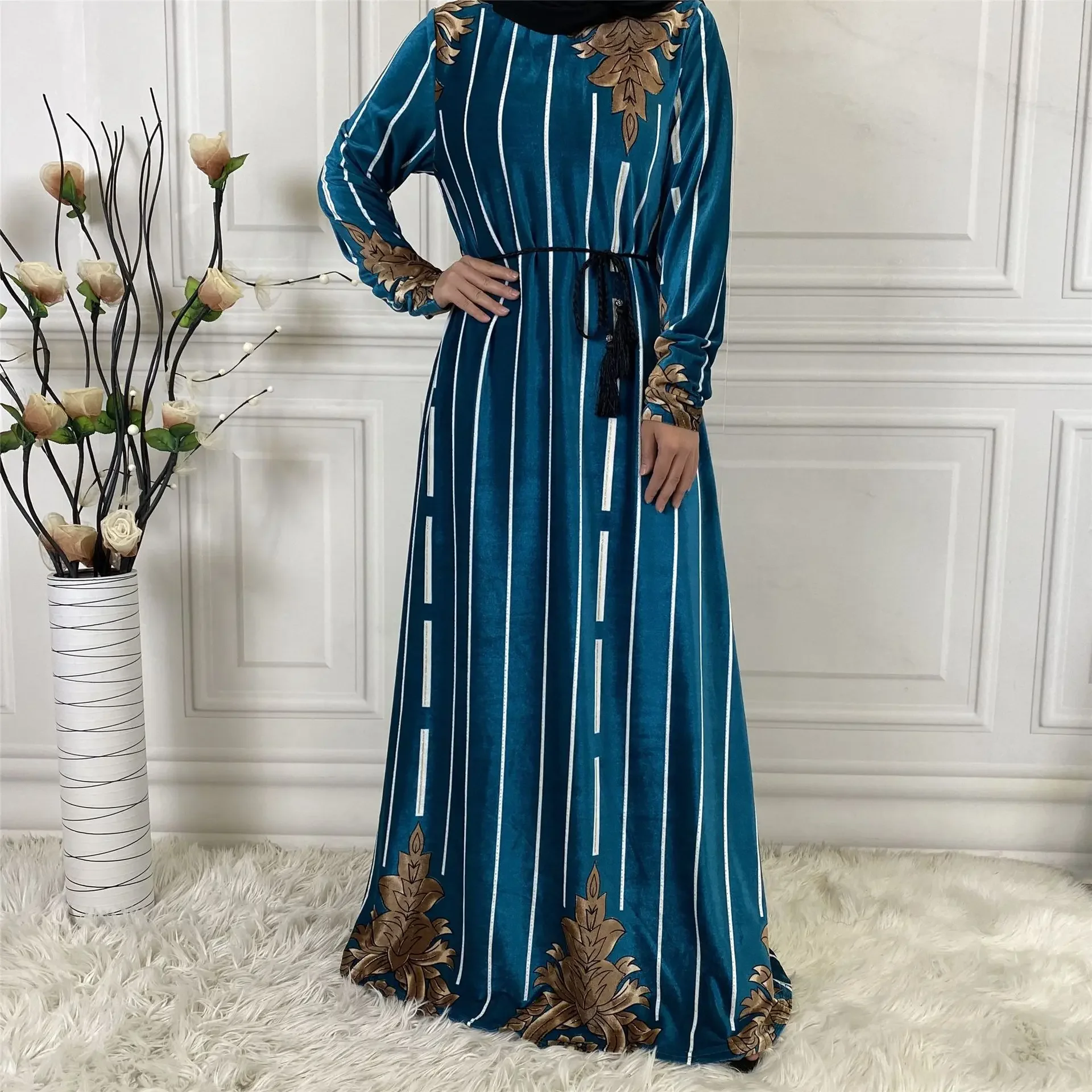 

Printed Long Sleeve Dress for Women Casual Autumn Winter Party Holiday Islamic Clothing High Quality Corduroy Muslim Abaya Dress