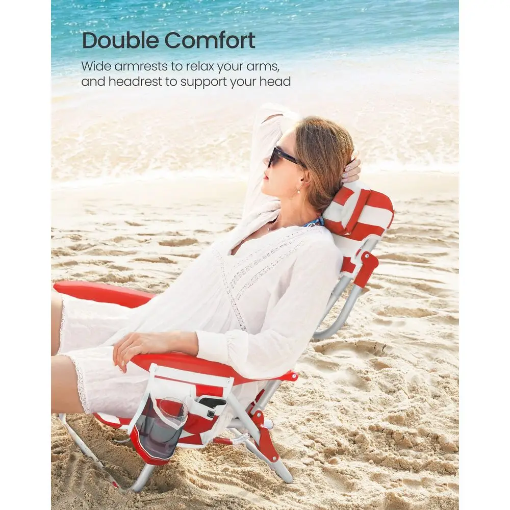 Beach Chair, Folding Camping Chair, Portable Outdoor Chair, 331 Lb Capacity, Carry As A Backpack, With Adjustable Backrest, Headrest, Armrest, 2 Side Pockets
