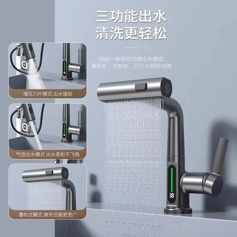 Rotating Pulling Lifting Digital Display Faucet Bathroom Smart Temp Tap Faucet 5sprayer Water Saving Hotcold Washbasin Faucet360