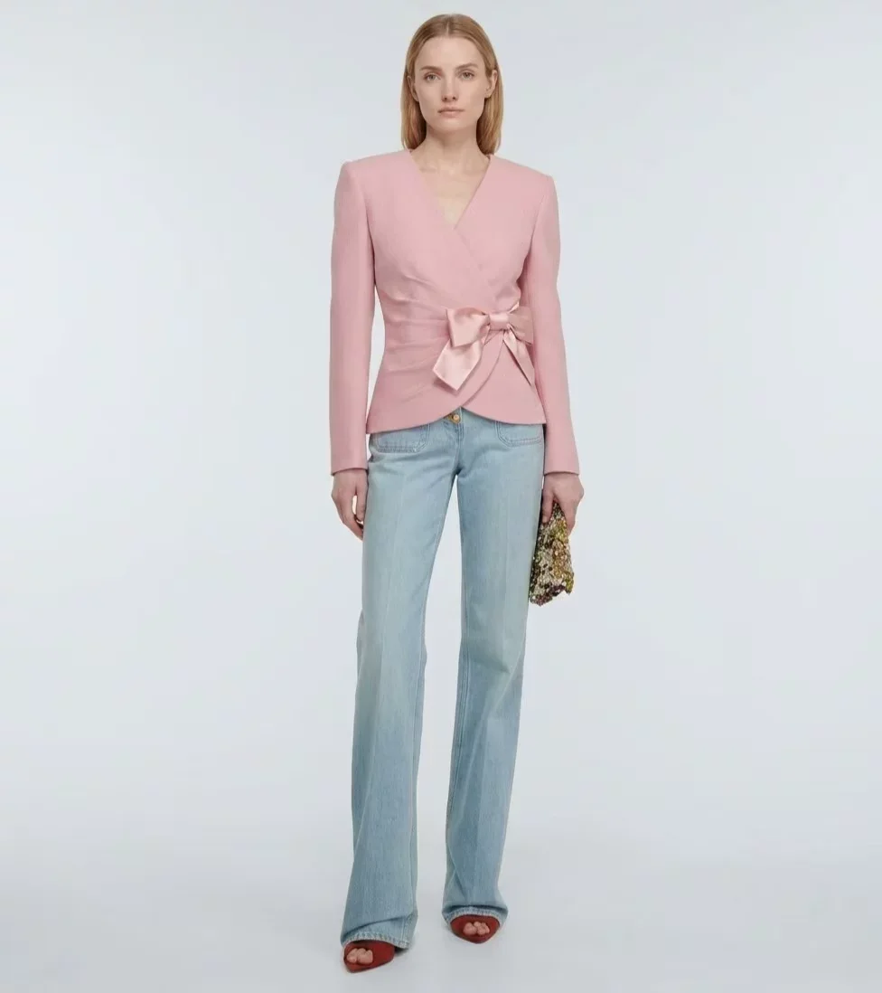 Luxury Pink Wool Wrap Blazer Elegant V-Neck Cinched Bow Jacket Runway Designer Tailored Short Coat Women
