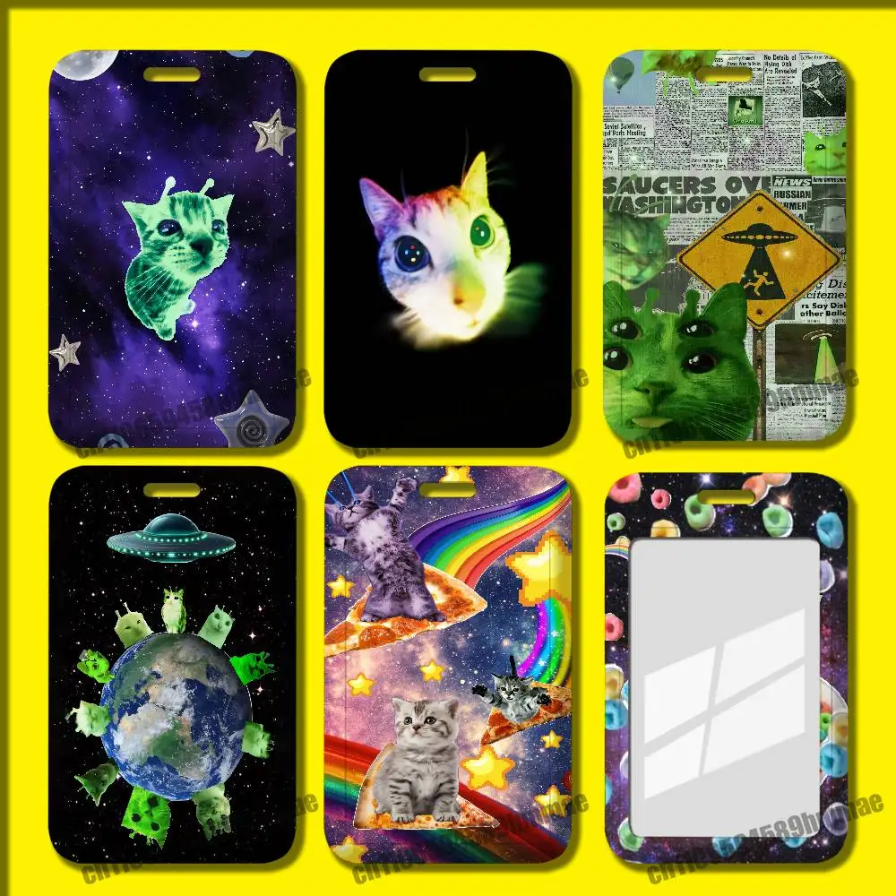 For Cute Rainbow Alien Cat Kitten Employee ID Card Holder Office Badge Student Work Bank Credit Holders Hard Case Shell
