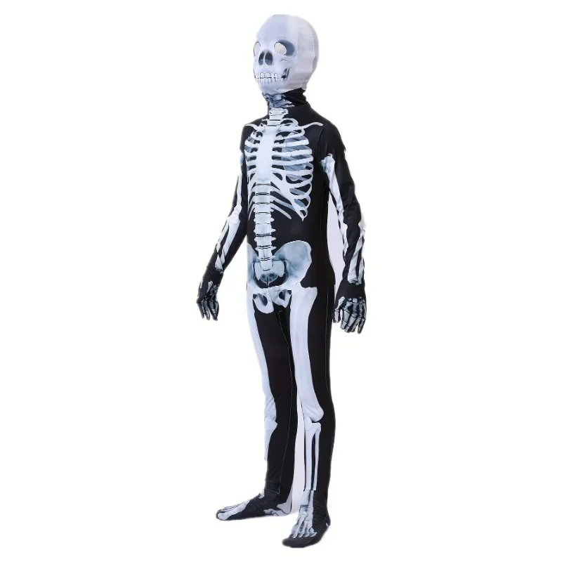 3-12Y Halloween Boys Skeleton Costume Printed Skeleton Mask Jumpsuit with Scary Mask Spooky Devil Role Play Holiday Party