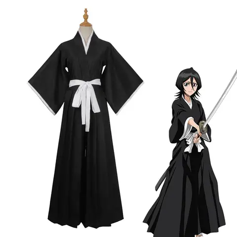 Anime BLEACH Kuchiki Rukia Cosplay Costume Shinigami Shihakusho Black Kimono Uniform Outfit Only, Soul Society Cos Suit for Hall