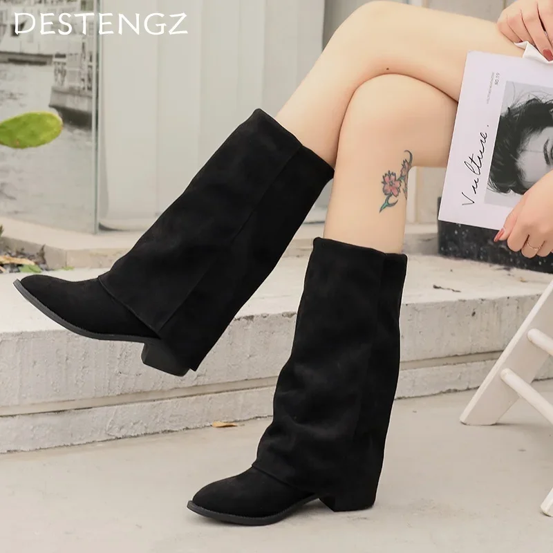 Women Boots Chunky Mid Heels Suede Mid Calf Fashion Warm Shoes Pumps Woman Winter New 2025 Trend Designer Cozy Botas De Mujer