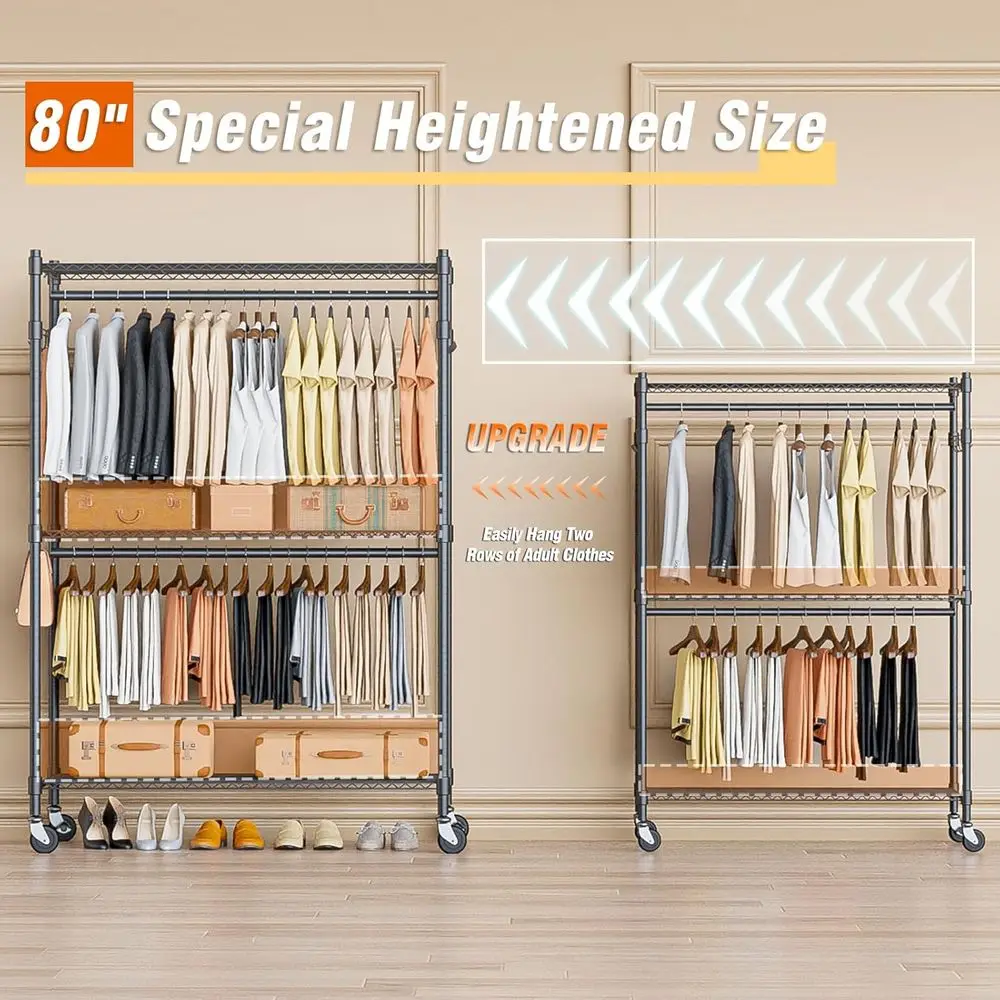 Gray Heavy-Duty Adjustable 3-Tier Rolling Clothing Rack with Hanging and Storage Features