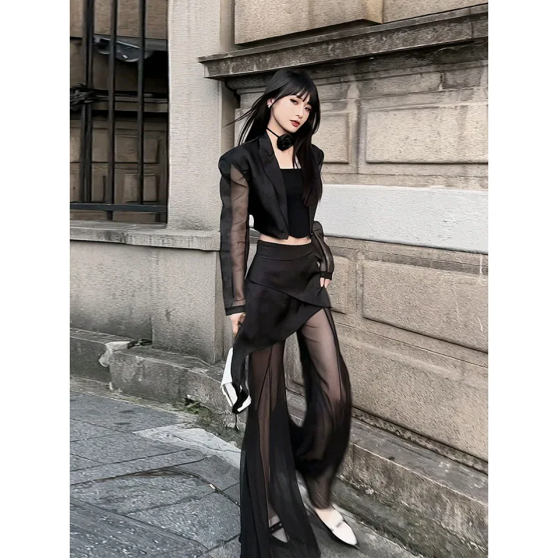 Korean Simple High Waist Hollow Out Black Pants Y2k E-Girl Slim Fit Mesh Long Sleeve Tops Women Grunge Two Piece Sets Skirts