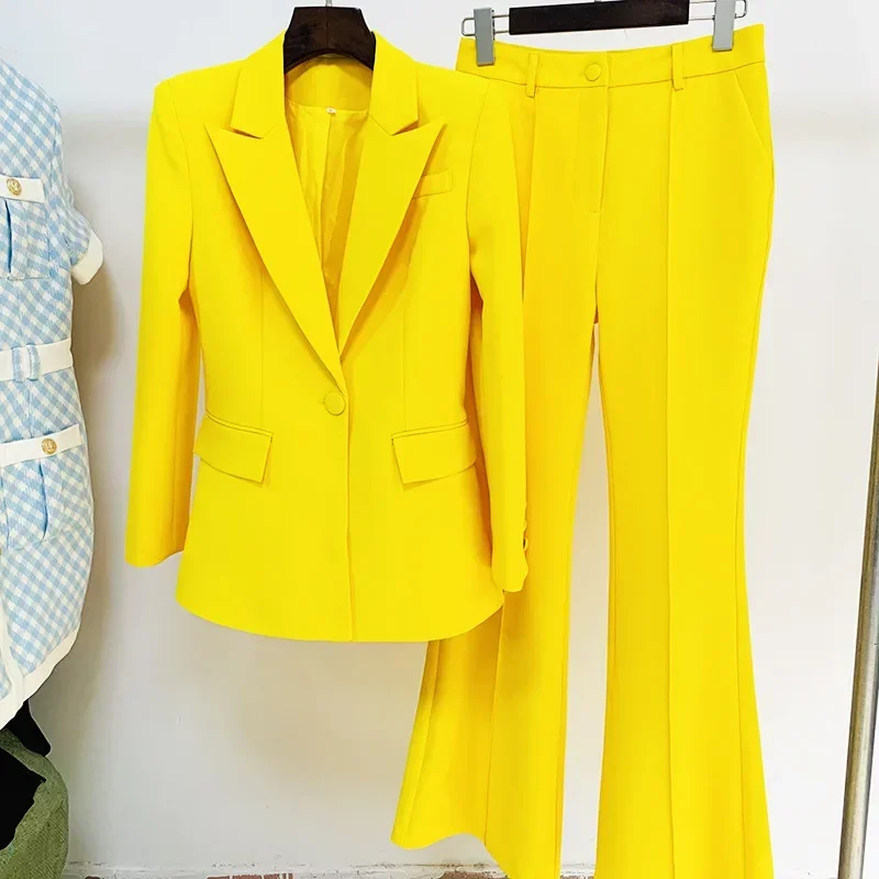 Yellow Women Suits Set 2 Pieces Female Cotton Spring Formal Office Lady Business Work Wear Flare Trousers Coat Prom Dress