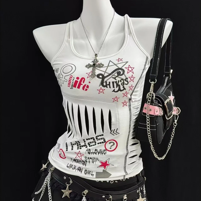 2026 Y2K Streetwear Damen Hip-Hop Cami Top Ausgeschnittenes Ärmelloses Oberteil Schräger Kragen Sexy Grunge Crop-Top mit Trägern für Alltag und Party