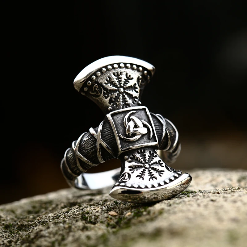 2022 Beier New Creative Design Viking Double Axes Axe Compass Ring Men Boy Nordic Viking Wholesale