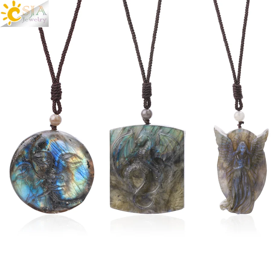 

CSJA Healing Natural Stone Labradorite Necklace Man Wolf Animal Pendant Engraved Angel Star Moon Pendants Amulet Jewelry H182