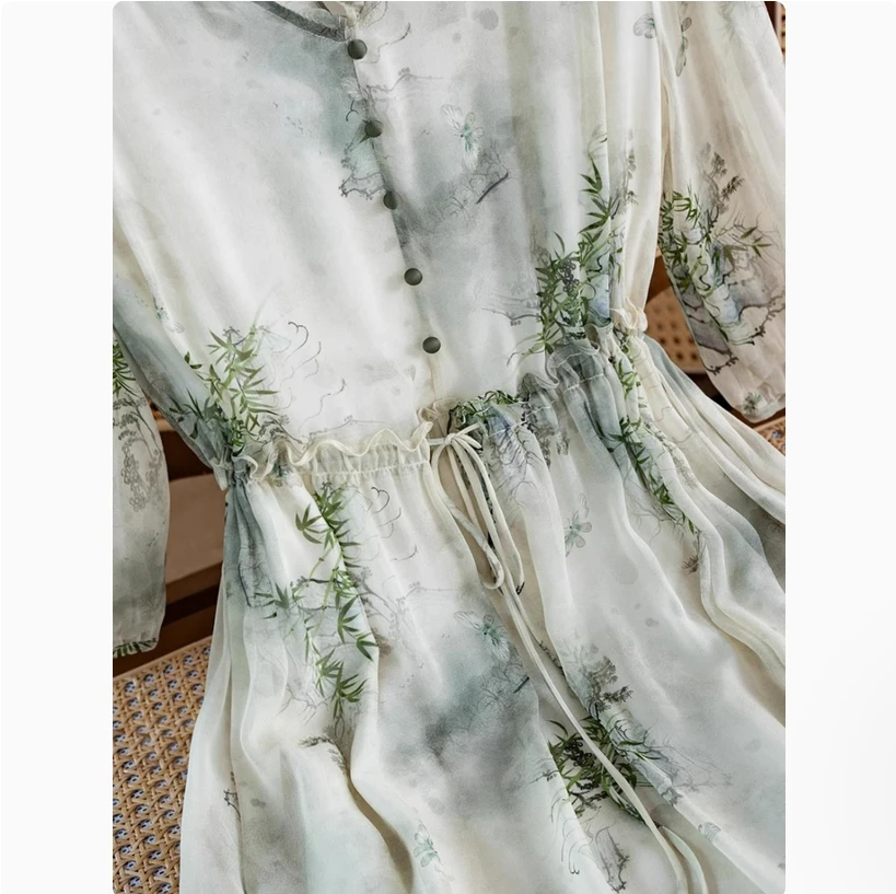 فستان من حرير التوت والحرير الخالص مع حزام الخصر، تأثير التخسيس الصيفي، تنورة راقية جديدة