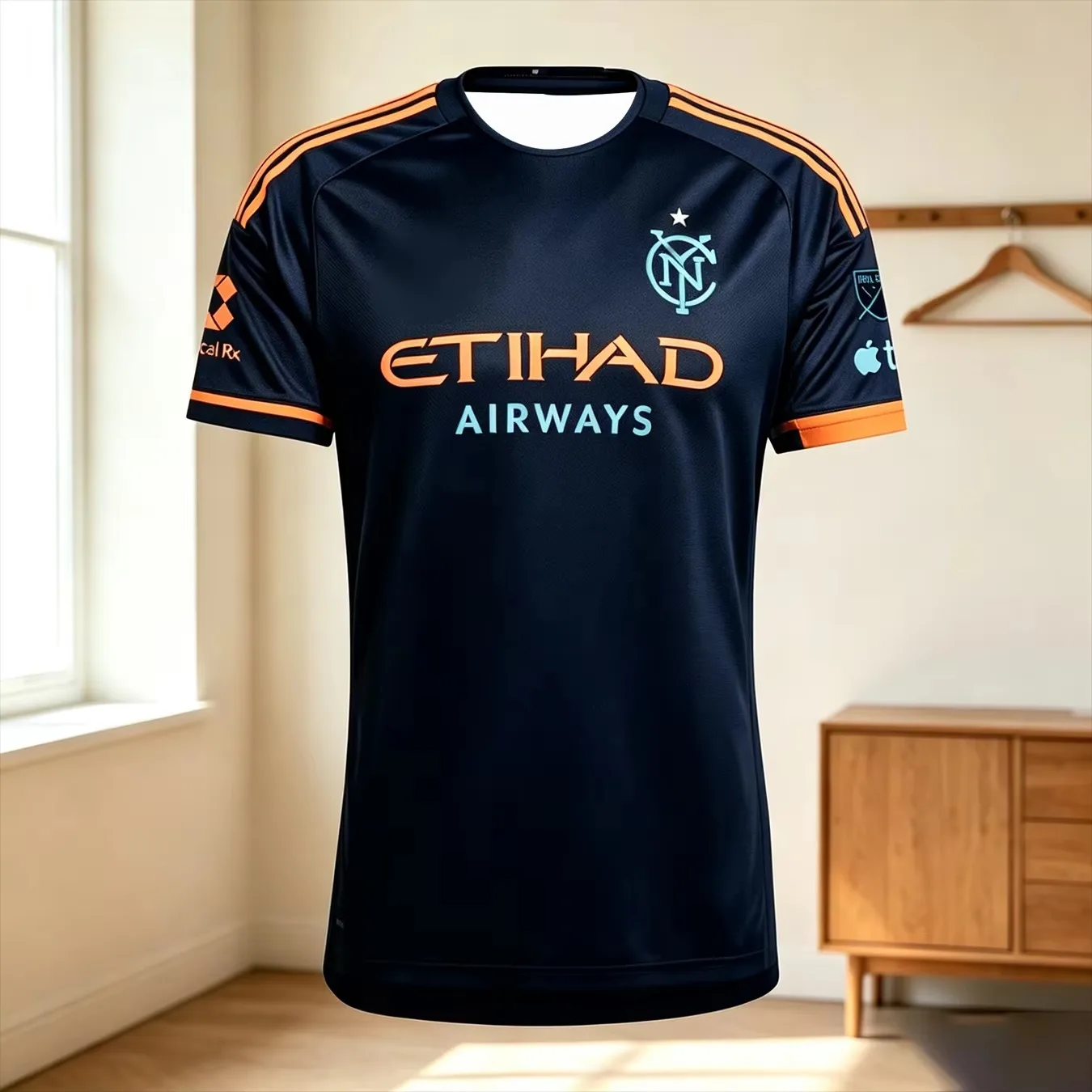 Herren NYCFC Schwarzes Auswärtstrikot mit Etihad Airways-Print, schnelltrocknend, kurzärmelig, Rundhalsausschnitt, Fußball-Fan-Trainings-Sport-T-Shirt – Detail 4