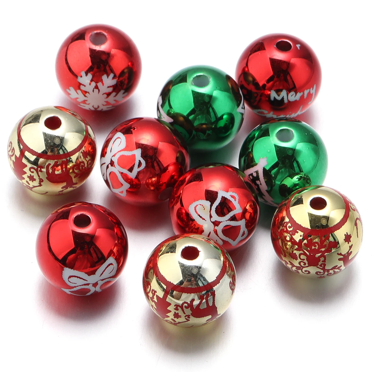 10pcs 16mm Christmas Acrylic Beads Red Green Round Beads Loose Spacer Bead For DIY Jewelry Making Bracelet Necklace Accessories