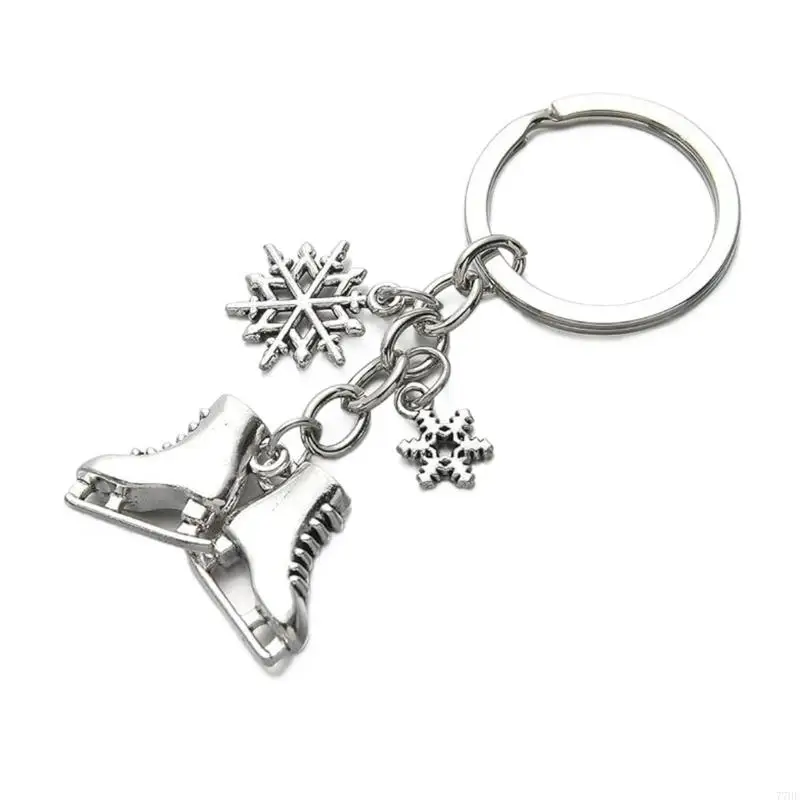 77HE Winter Sports Accessory Keychain Silver Ice Skating Shoe Snowflake Design For Enthusiasts Stainless Steel Pendant
