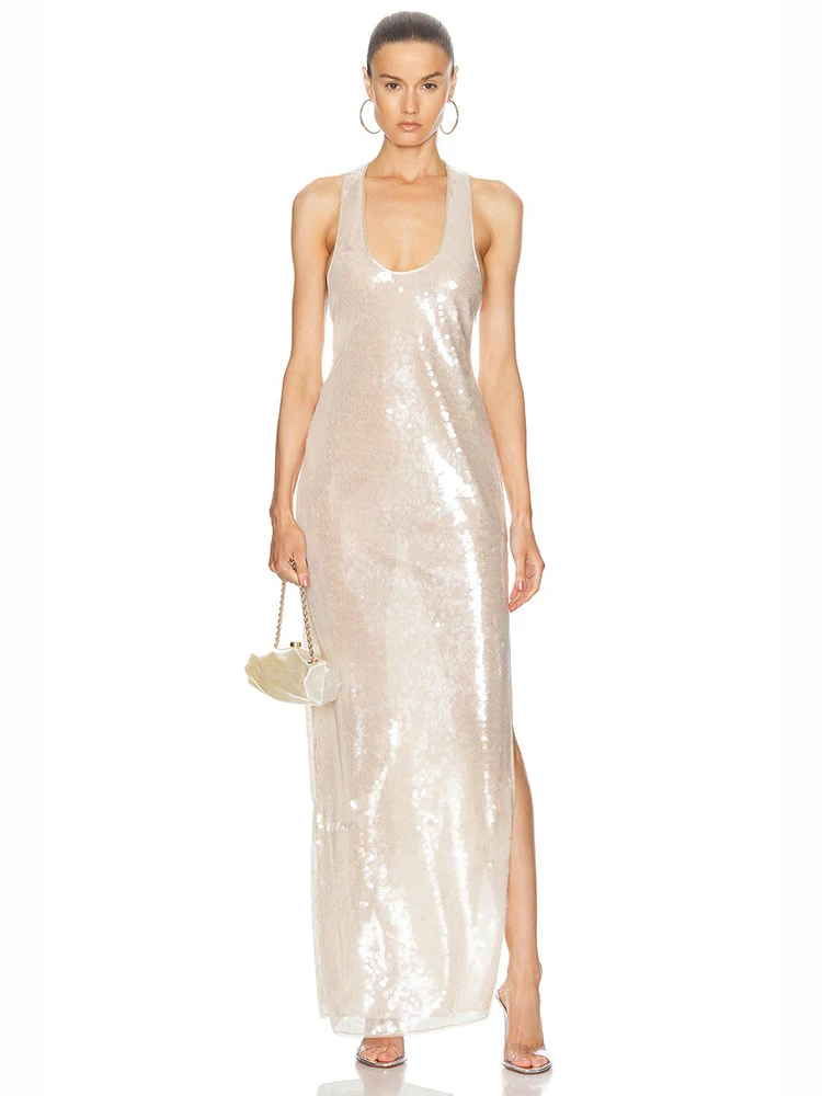 Sexy Sling Glitter Sequins Side Split Slim Long Dress Women Beige Sleeveless Backless Dresses Evening Party Celebrity Gowns