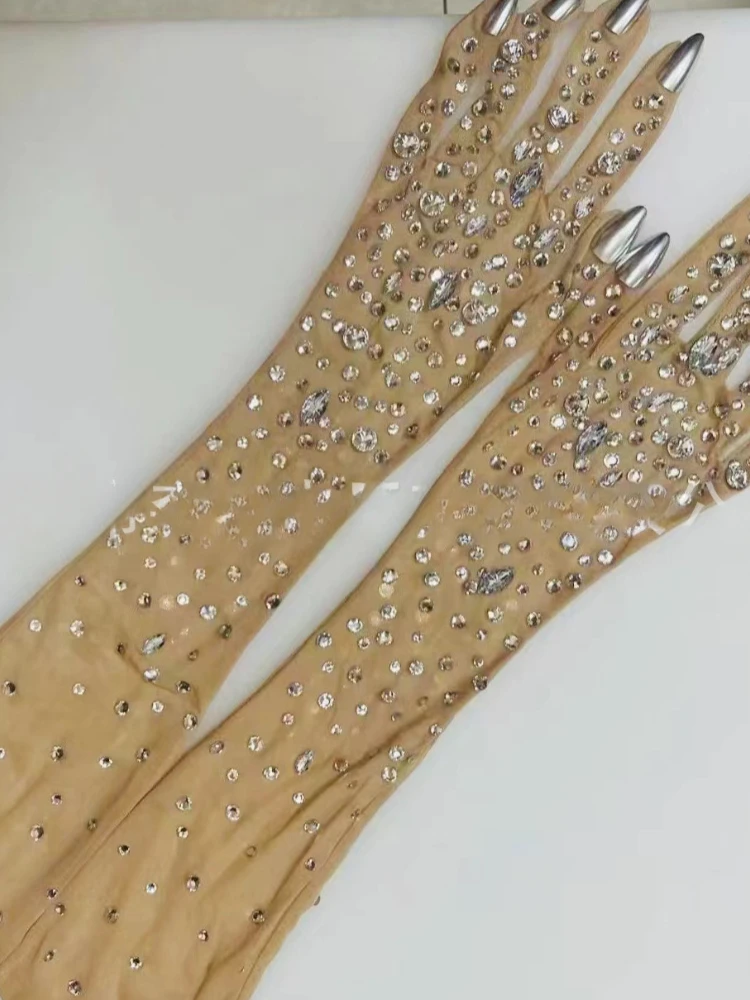 Sexy Drag Queen Luxurious Stretch Rhinestone Gloves Crystal Mesh Long Perspective Gloves Dancer Singer Stage Wear Accessories