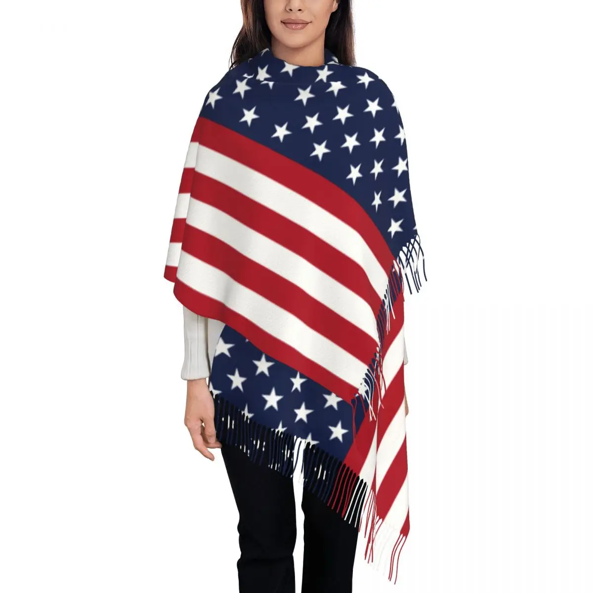 

Warm Soft Scarf Autumn Red And White Striped Shawls Wrpas Stars Spangled USA Flag Custom Foulard Lady Luxury 2024 Scarves Wraps