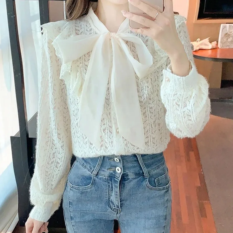 Autumn Winter New Female Scarf Collar Lace Shirt Solid Color Women\'s Clothing Fashion Casual Long Sleeve Ruffles Spliced Blouse