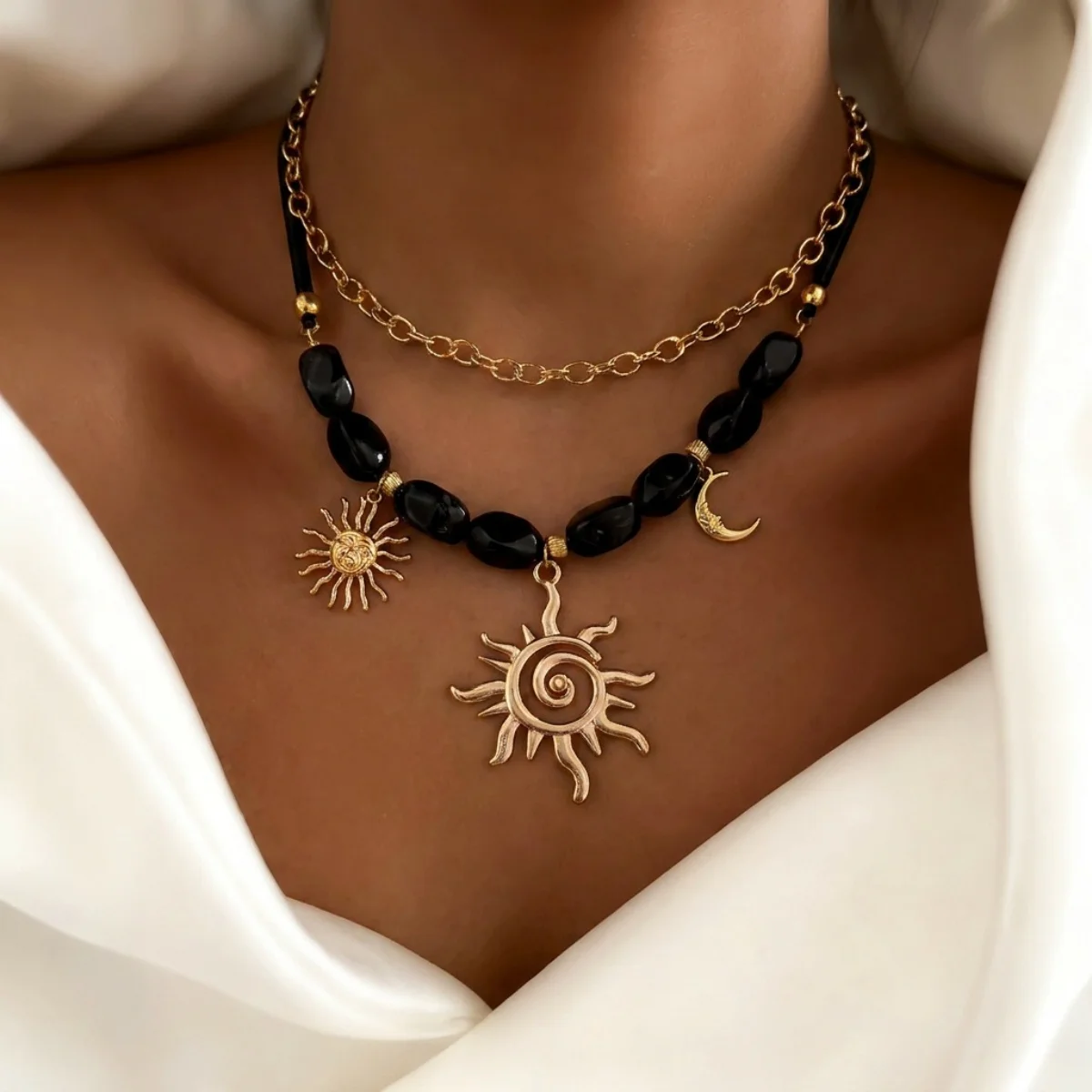 Doppelschichtige Unregelmäßige Schwarze Harzperlen Spiral-Sonne-Mond-Anhänger Halskette für Frauen und Männer Ethnischer Stil Sonnenblumen-Choker Schmuck – Detail 20
