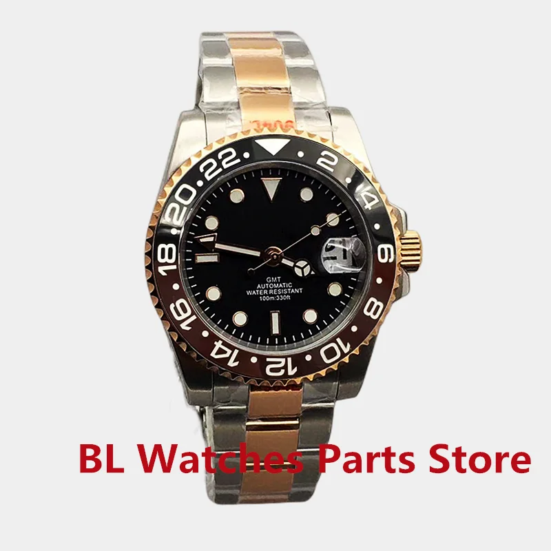 BLIGER 40mm Rose Gold NH34 GMT Men Watch Mechanical Wristwatch Sapphire Glass Luminous Ceramic Bezel Waterproof Reloj Hombre