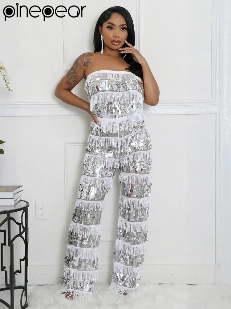 

PinePear Women Tassel Sequin Party 2 Piece Set 2025 New Spring Strapless Tank Top Wide Leg Pants Female Suit Fashion Street Lady