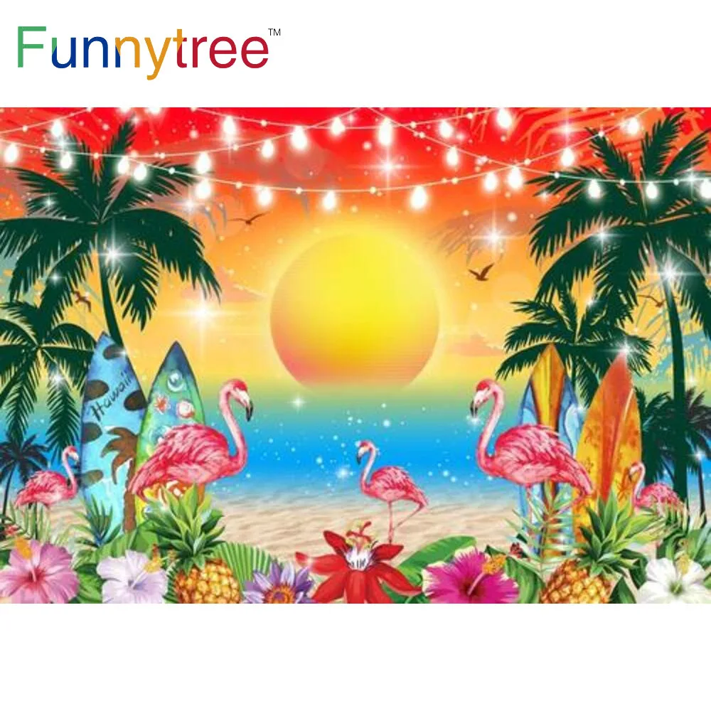 

Funnytree Tropical Sunset Beach Theme Backdrop Ocean Summer Holiday Tree Flamingo Fruits Baby Shower Photography Background