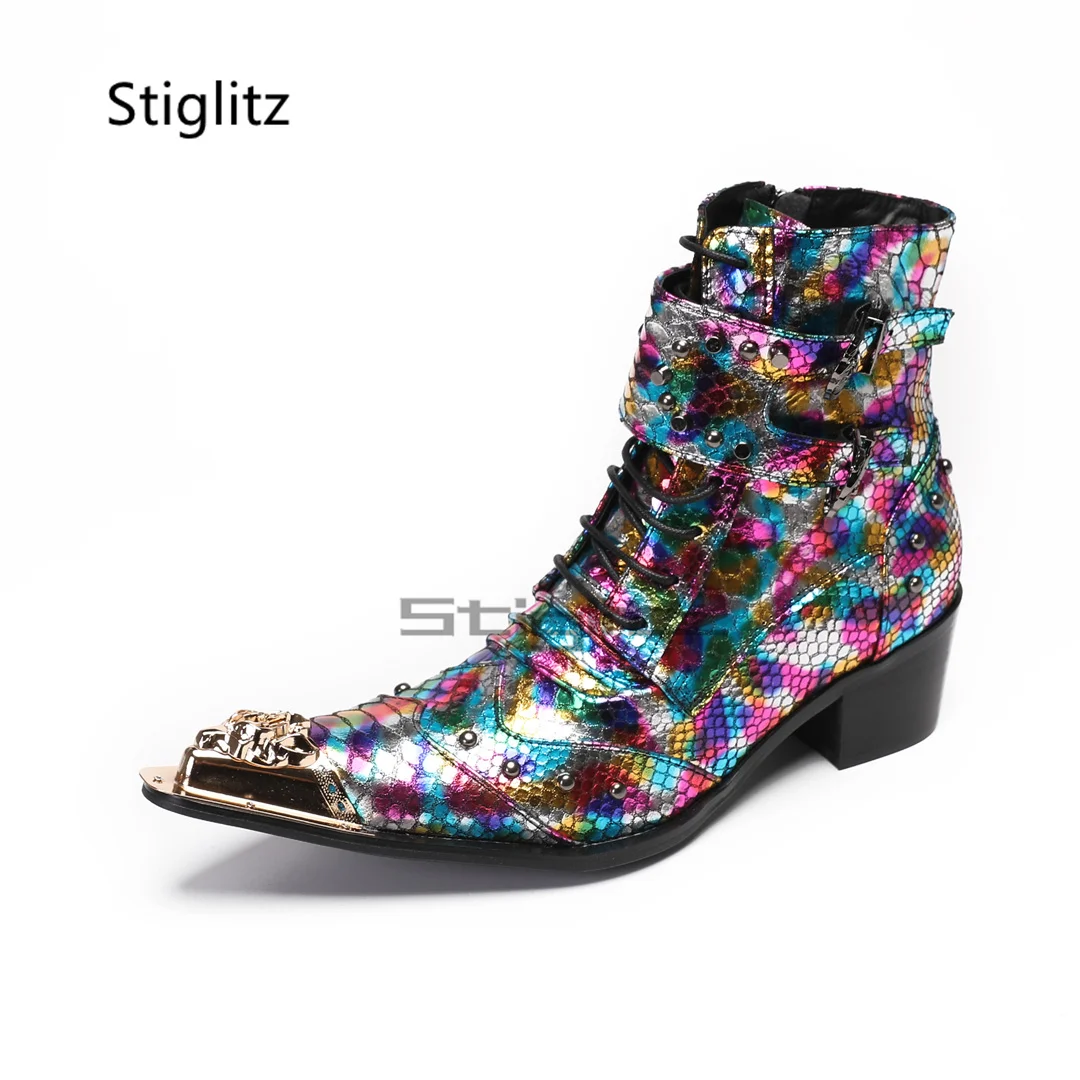 Colorful High Heeled Men's Boots Metal Pointed Toe Belt Buckle Zipper Ankle Boots Front Lace Up High Top Shoes Chelsea Boots