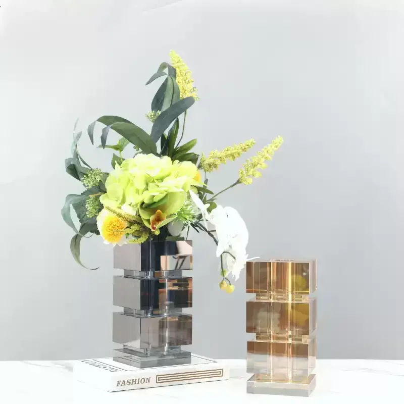 Creative Crystal Square Stacked Vase Living Room Bedroom TV Cabinet Home Decoration 9.5 * 9.5 * 20cm Caliber 4cm