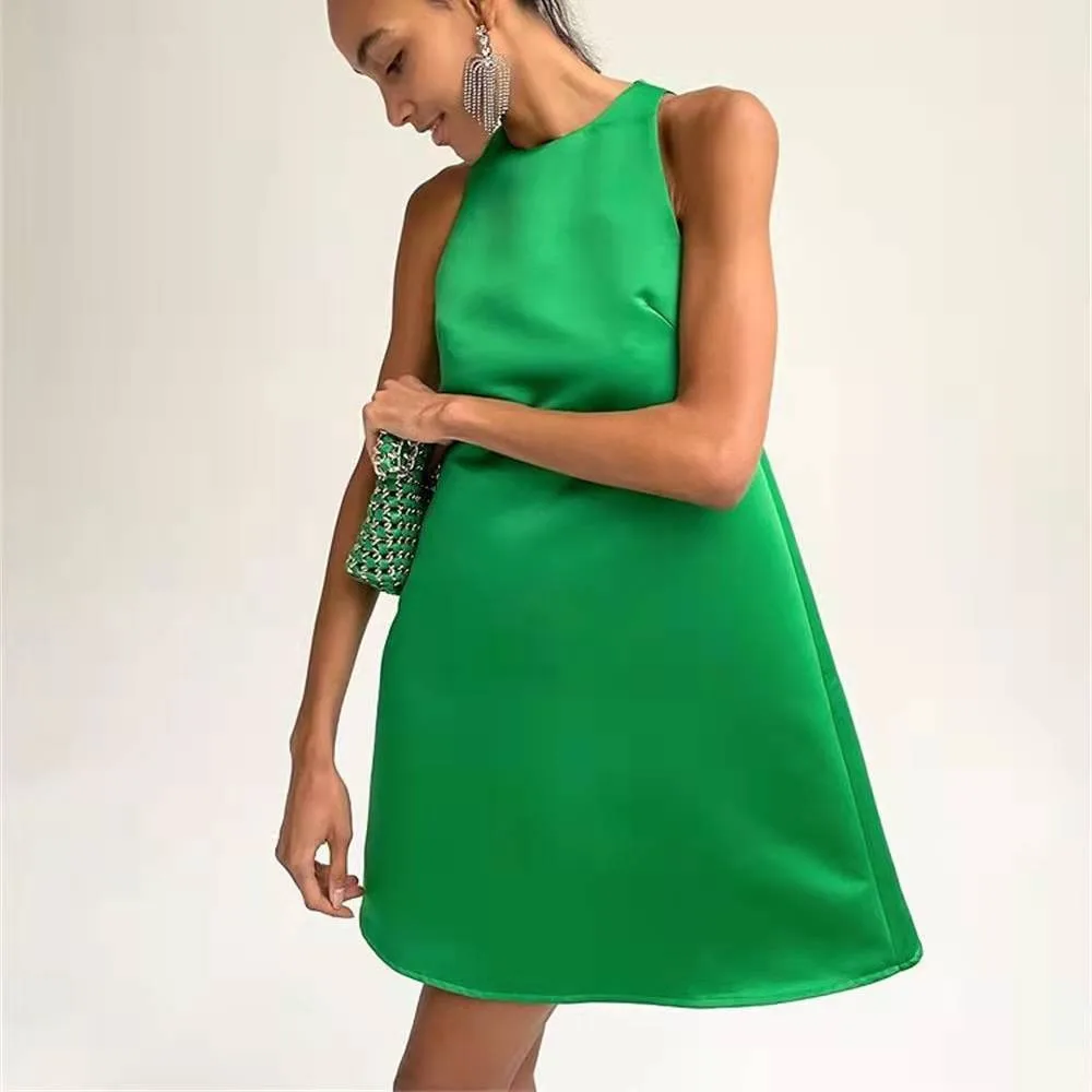 Satin Sleeveless Mini Dresses Women Summer O Neck Fashion Slim Casual A-Line Dress Green Party Club Female Vestidos Robes