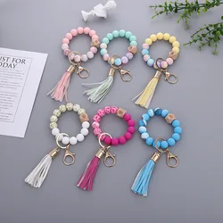 Colored Silicone Bead Bracelet PU Tassel Keychain Wristlet Bracelet Pendant Keychain Woman Man Jewelry Accessories Gifts