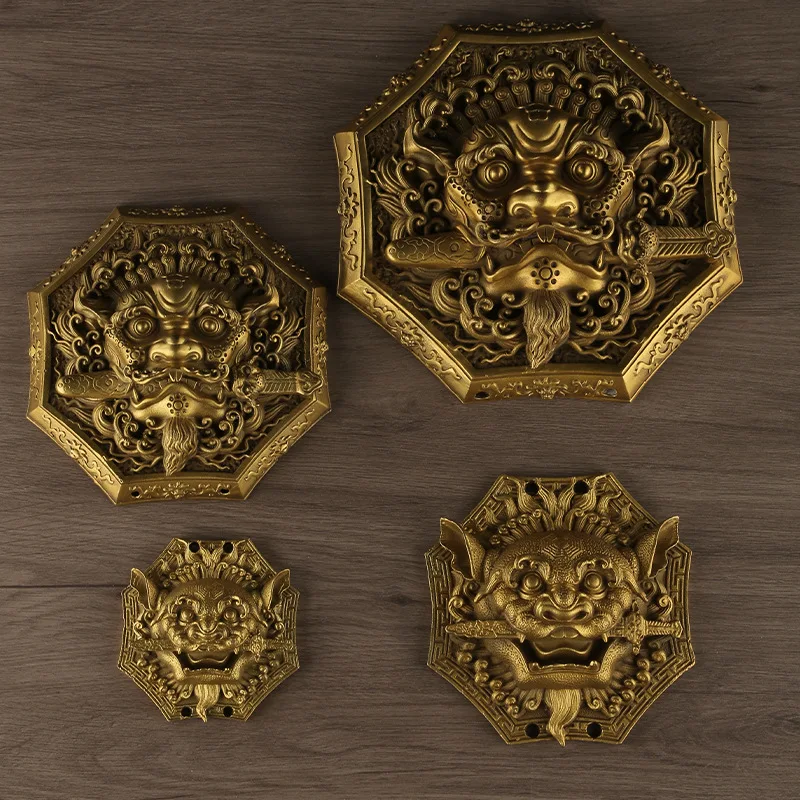 Copper Octagonal Pendant Lion Biting Sword Swallowing Mouth Mythical Beast Tiger Head Bagua Mirror Plaque Door