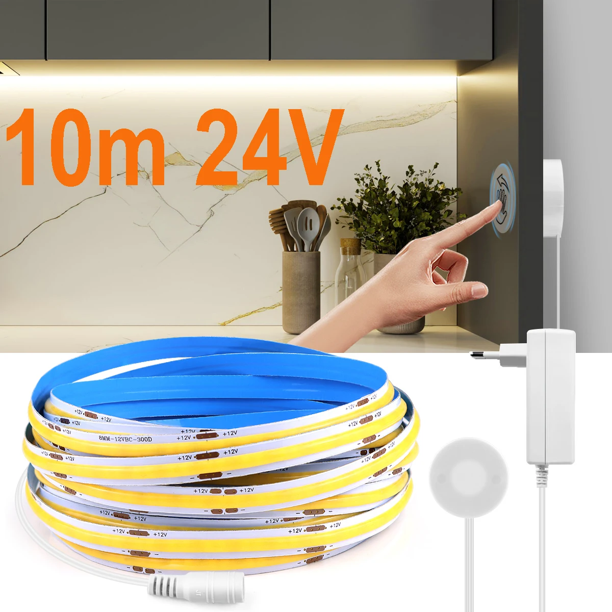 24V 5M 10M Penetrable Wood Mirror Touch Dimmer Hand Sweep Motion Sensor COB LED Strip Light Tape For Kitchen Cabinet Backlight