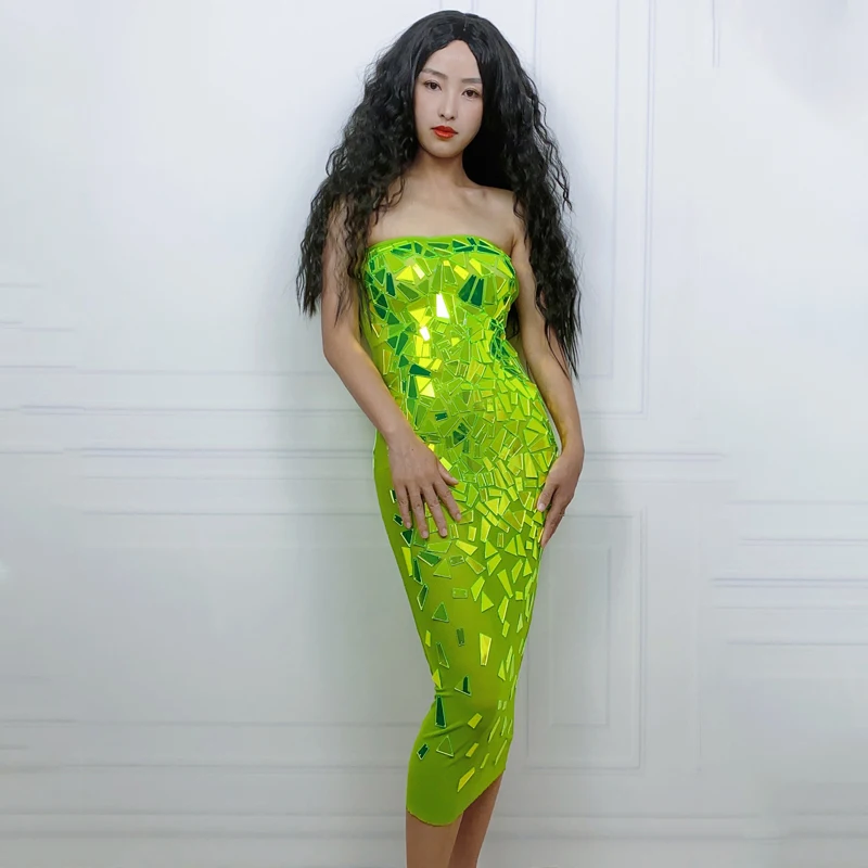 Flashing Women Party Mirrors Dress Green Lens Evening Dress Birthday Celebrate Costume Stage Festival Outfit Clubwear XS6626